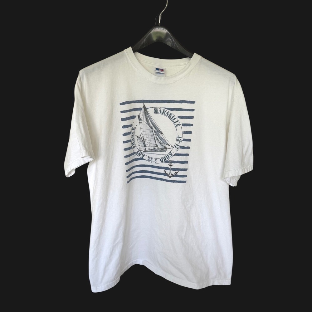 90's Russell Athletic Marseille France Sailing T-Shirt XL Distressed Coastal